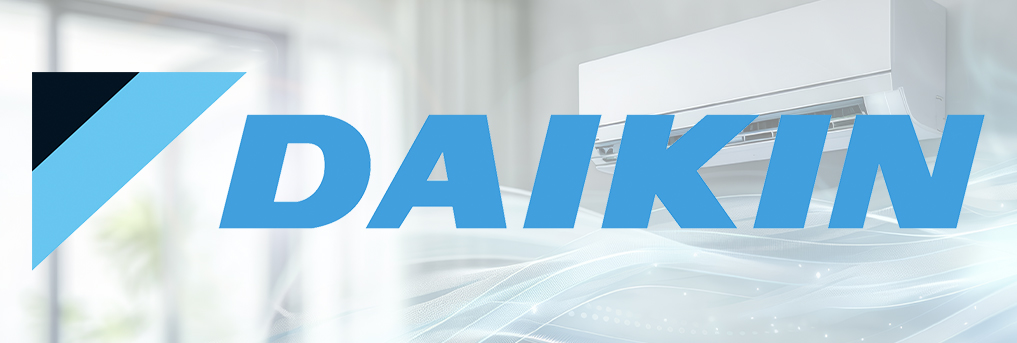 logo marchio daikin con sfondo ambientato in una stanza con split di sfondo
